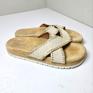 Jack Rogers Sandals Lexi Crisscross Slides Platform Linen Gold Suede Insole 7.5